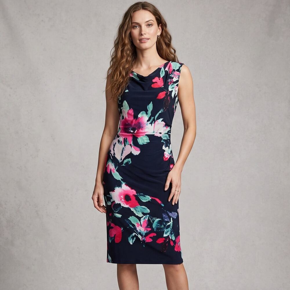 Lauren Ralph Lauren Floral Sheath Dress Navy Blue Pink Green Ruched Cocktail 10